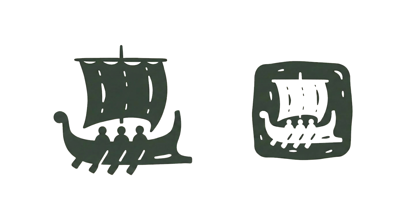 Argo mark — the longship with its crew of three, shown as horizontal mark and square seal