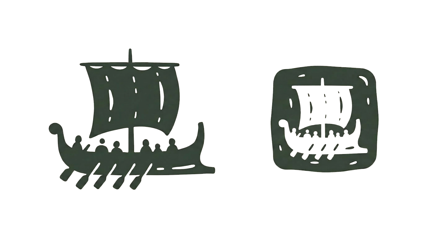 Argo mark — the longship with a full crew at the oars, shown as horizontal mark and square seal